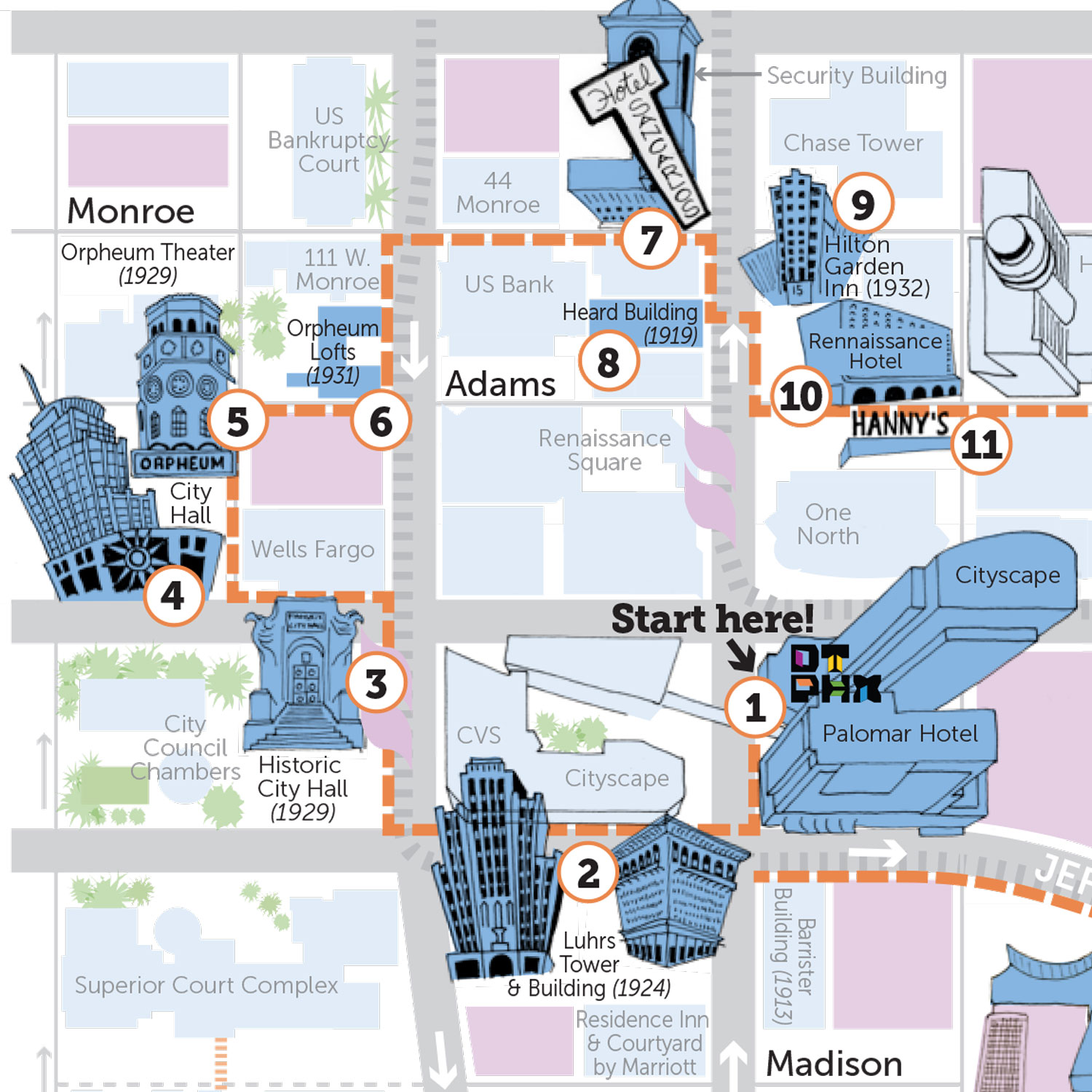 Downtown Phoenix Walking Tour Map detail