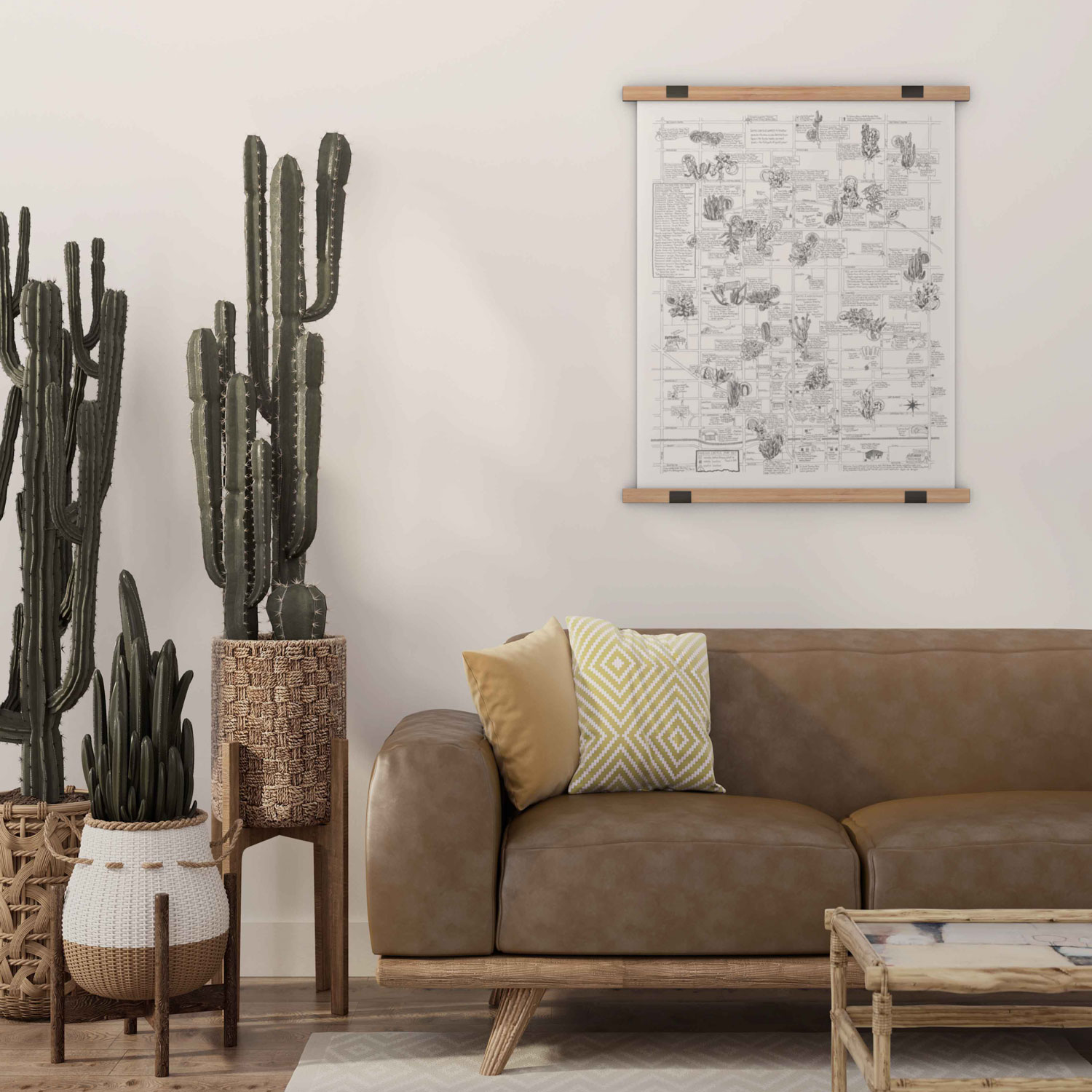 living room with cactus and cactus map on wall